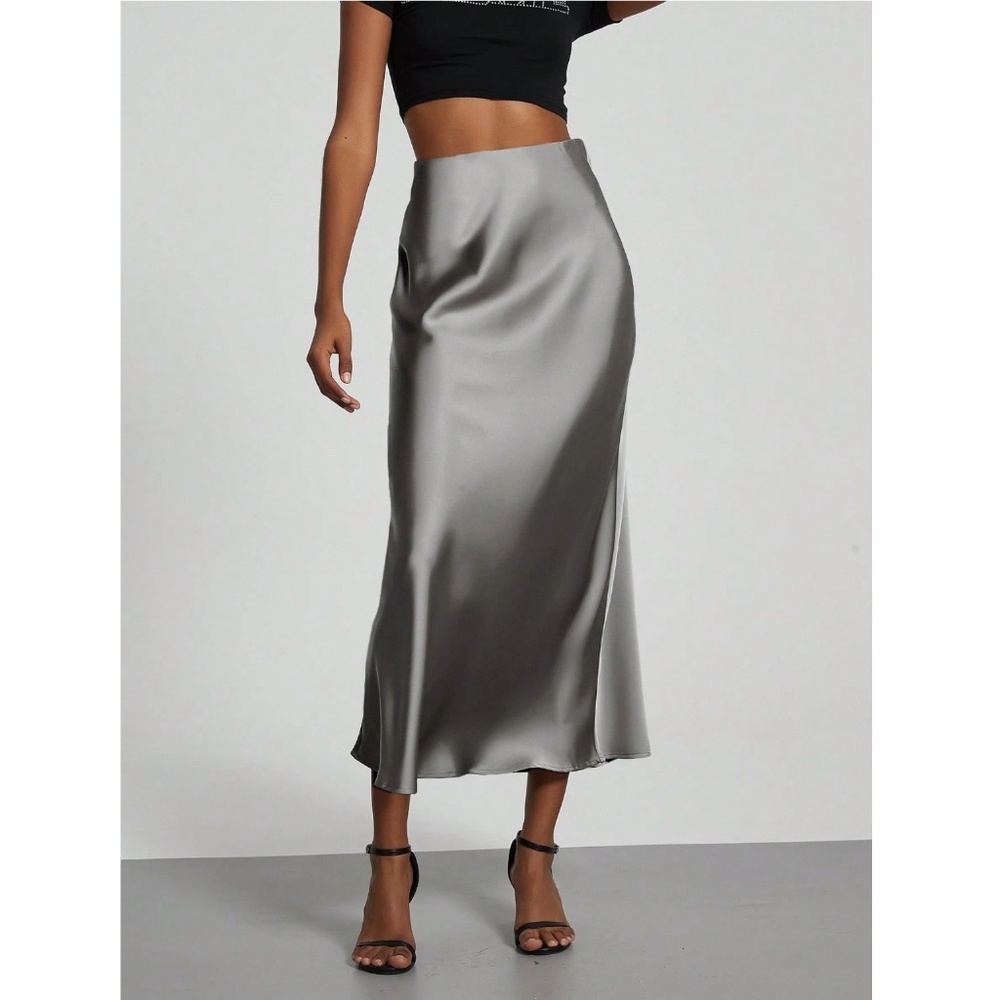 Grey Satin A-Line Skirt High Waisted Long